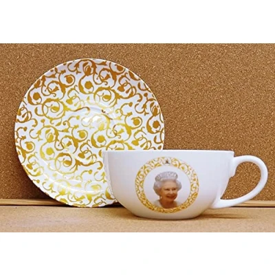 Image of Rainbow Decors Her Majesty Queen Elizabeth II 1926 2022 Cup &amp; Saucer 10 oz Bone China Memorial Commemorative Tribute Cappuccino Coffee Tea Hand Decorated UK