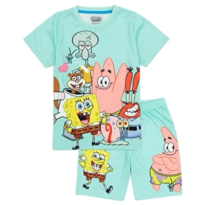 Image of SpongeBob SQUAREPANTS Kids Pyjama Set Blue Short Sleeve T Shirt &amp; Shorts PJs For Boys Girls Squidward, Patrick, Mr Krabs, Gary, Loungewear TV Show Movie Nightwear Merchandise Gift