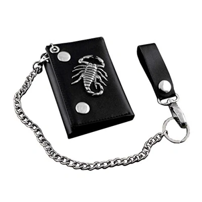 Image of Men&#039;s Boys Gift Real Leather Biker Trifold Momey wallet with chain Scorpion