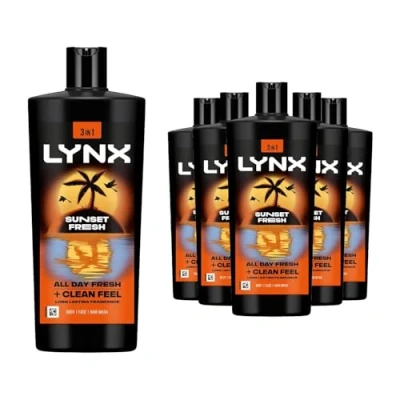 Image of Lynx XXL Body Wash Multipack Sunset Fresh 3 in 1 Men&#039;s Shower Gel for Hair, Face &amp; 12H Sweat and Odour Protection Energising Mango Mandarin Scent 700ml, 6 Pack