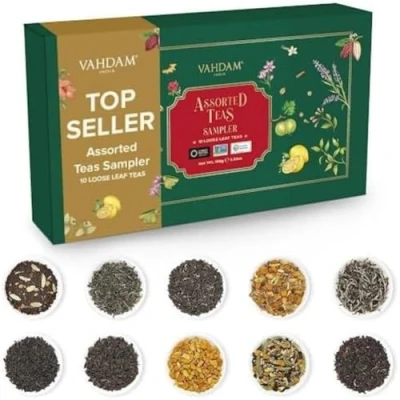 Image of VAHDAM, Assorted Loose Leaf Tea Sampler (10 Delicious Flavours, 50+ servings) I Individual Resealable Ziplock Pouch Non GMO, Gluten Free Gift Set Herbal Tea, Chai Green