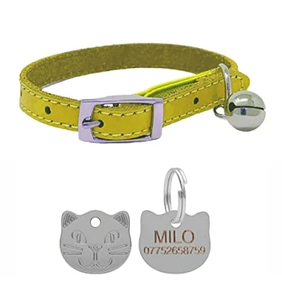 Image of Genuine Leather Cat Collar with Safety Elastic &amp; Bell Personalised Engraved Face Tag (Yellow)