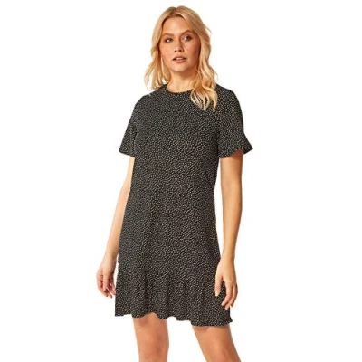 Image of Roman Womens Spot Print Frill Hem Dress Black Size 8 UK