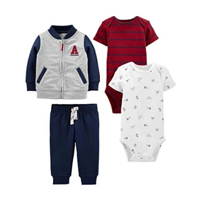 Image of Simple Joys by Carter&#039;s Baby Boy&#039;s 4 Piece Jacket, Pant, and Bodysuit Set Layette, Grey/Navy/Red Stripes/White Sports, 0 Months