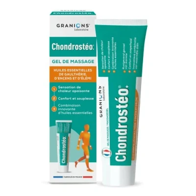 Image of Granions Chondrosteo+ Warming Massage Gel 100 ml Wintergreen, Frankincense, and Elemi Essential Oils Non Greasy Sticky Texture Dermatologically Tested Laboratoire des
