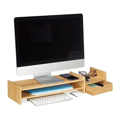 Image of Relaxdays Monitor Stand Bamboo, Screen Raiser with Compartments, HWD 12x70x19cm, Display Base Desk, Natural Wood Colour