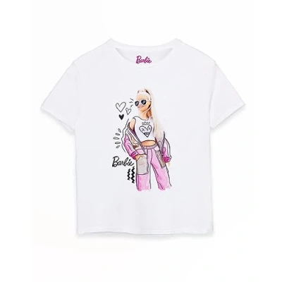 Image of Barbie Girls T Shirt in White Doodle Sketch Pose Graphic Tee for Kids Short Sleeved Retro Fashion Top Doll Tshirt Movie Merchandise Gift Children &amp; Teens