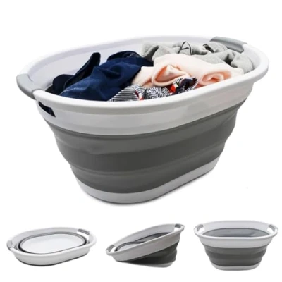 Image of SAMMART 32L Collapsible Plastic Laundry Basket Foldable Pop Up Storage Container/Organizer Portable Washing Tub Space Saving Hamper, Water Capacity: 24L (1, White/Grey)