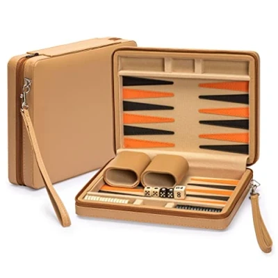 Image of Yellow Mountain Imports Travel Magnetic Leatherette Backgammon Mini Game Set, “Bozcaada with Checkers, 23.5 centimeter Board