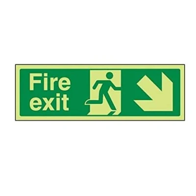 Image of V Safety Glow In The Dark Fire Exit Arrow Down Right Sign 600mm x 200mm Self Adhesive Vinyl