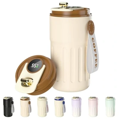 Image of Homealexa Coffee Cup Travel Mugs, Vacuum Insulating 304 Stainless Steel, LED Touch Screen Temperature Gauge, Smart Mug Sealing Bottle 410ml Brown (A Brown)