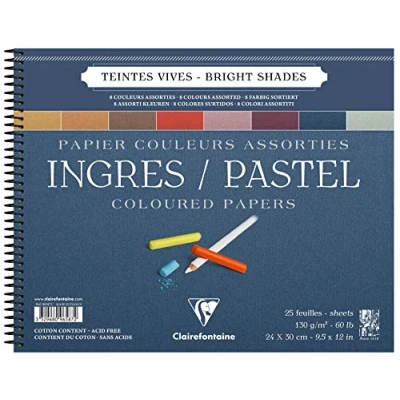 Image of Clairefontaine Ref 96587C Ingres Pastel Colour Wirebound Pad (25 Sheets) 24 x 30cm Size, Cotton Content, Acid Free, 130gsm Paper Assorted Bright Colours