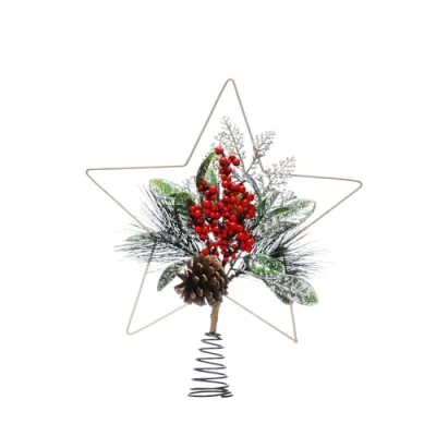Image of Festive Productions 34cm Gold Metal Star with Foliage and Red Berries Centre Christmas Tree Topper Deluxe Decoration