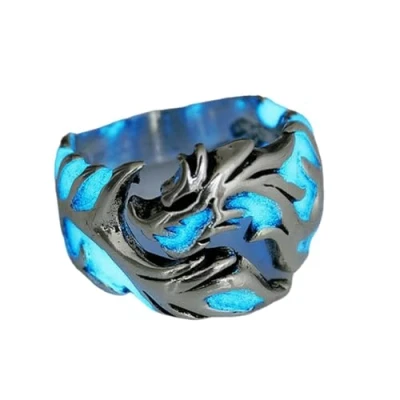 Image of ausuky Cool Adjustable Mens Glow In The Dark Punk Vintage Luminous Dragon Ring Jewelry (Silver+Blue)