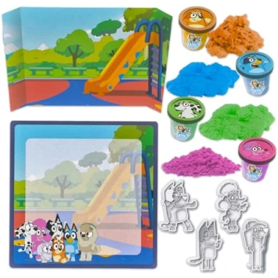 Image of RMS Bluey Sensory Sand Play Set Includes 4 Colourful Pots, Character Moulds, Wipeable 40x40cm Mat, Card Scene Fun &amp; Educational Activity for Kids Aged 3+