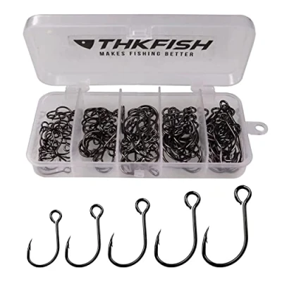 Image of THKFISH 50pcs/Box Inline Single Hooks Replacement Fishing for Lures Baits Circle Large Eye with Barbed Saltwater freshwater #2#1 1/0 2/0 3/0 Black