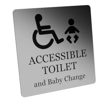 Image of Accessible Toilet and Baby Change Adhesive Sign Notice, Grey White/Black White, 1.6mm waterproof acrylic (Silver)