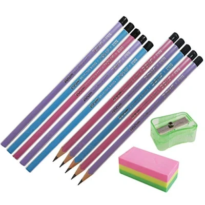 Image of Ultimate Dark 10 Triangular Easy Grip Pencils Eraser Sharpener Good Writing