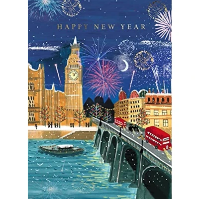 Image of The Almanac Gallery Artistic &#039;Happy New Year&#039; Greeting Card &#039;Fireworks Over London&#039; Big Ben and River Thames For Him/Her/Special Couple