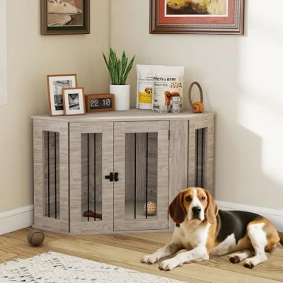 Image of PawHut 2 in 1 Dog Crate Furniture, Side Table Kennel with Cushion, Large Door, for Medium Dogs Walnut Brown
