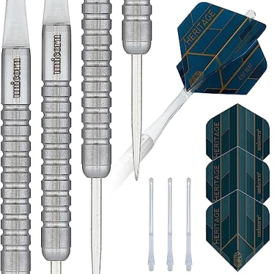 Image of Unicorn Steel Tip Darts Set Heritage Range Striker 1988 80% Natural Tungsten Barrels with Laser Etched U Logo Hallmark 21 g