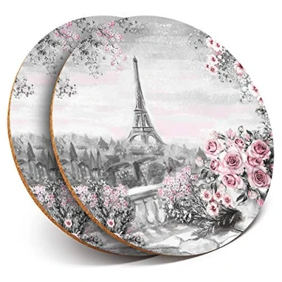 Image of 2 x Round Coasters Eiffel Tower Paris Pink Roses Flowers Cork Backed Home Kitchen Accessory Tea Coffee Mug Mat #14816