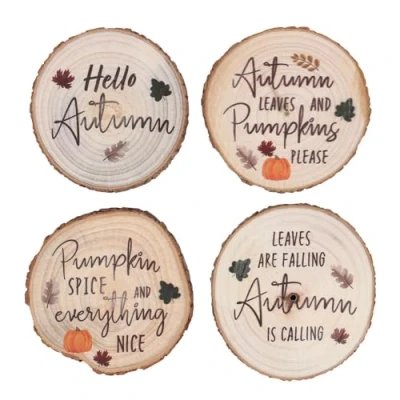 Image of Jones Home &amp; Gift Set of 4 Natural Log Slice Hello Autumn Design Wood Coasters Wooden Drinks Coaster Cup Mug Table Mats Dining Deco, Multicolor, 10cm x 1.2cm