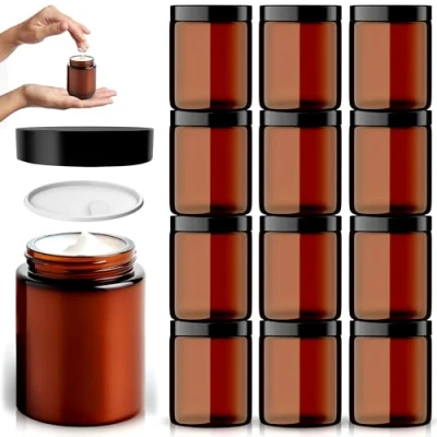 Image of Amber Glass Jars 12 Pack (240ml) with Lids Brown Travel Cosmetic Containers Inner Liner, Spatula and Lid Pots UV Protection for Powder, Lotion Cream