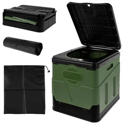 Image of Portable Toilet for Adults, Camping Foldable Loo, Fishing Car Travel Campervan with Lid &amp; Seat, Collapsible Bucket Camping(Military green toilet)