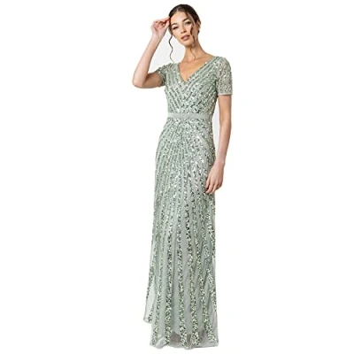 Image of Maya Deluxe Women&#039;s Maxi Womens Ladies Embellished Sequin Long Short Sleeve V Neck High Empire Waist Cut Shiny P Bridesmaid Dress, Green Lilly, 20 UK
