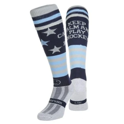 Image of WackySox Keep Calm and Play Hockey Navy Blue Knee Length Sports Socks
