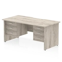 Image of Impulse 1600 x 800mm Scalloped Edge Straight Office Desk Grey Oak Top Panel End Leg Workstation 2 3 Drawer Fixed Pedestal
