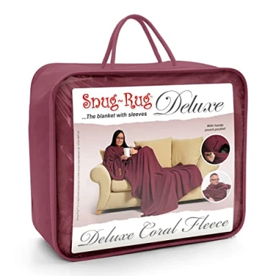 Image of Snug Rug DELUXE Blanket With Sleeves GENUINE SnugRug Sleeved Blankets 260gsm Luxury Cosy Super Soft Coral Fleece Fabric Long Oversized Pouch Pocket Adults Size (Mulberry Red)