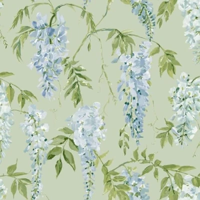 Image of World of Wallpaper Wisteria Tree and Flowers Hand Painted Smooth for Living Room, Bedroom, Hallways, Feature Walls Sage Green Blue (203602)