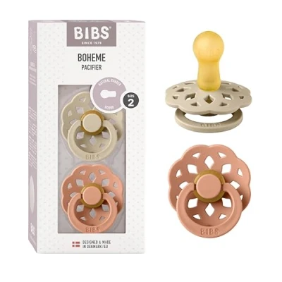 Image of BIBS Boheme Soother 2 Pack. BPA Free. Round Nipple, Size (6 18 Months), Vanilla/Peach