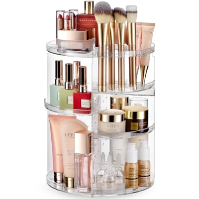 Image of 360 Rotating Makeup Organizer Adjustable Shelf Height and Fully Rotatable. The Perfect Cosmetic for Bedroom Dresser or Vanity Countertop. (Clear)