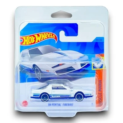 Image of Hot Wheels &#039;84 Pontiac Firebird (White &amp; Blue) 8/10 Muscle Mania 2023 180/250 (Short Card) COMES IN A KLAS CAR KEEPER SHORT CARD PROTECTOR CASE HKK92
