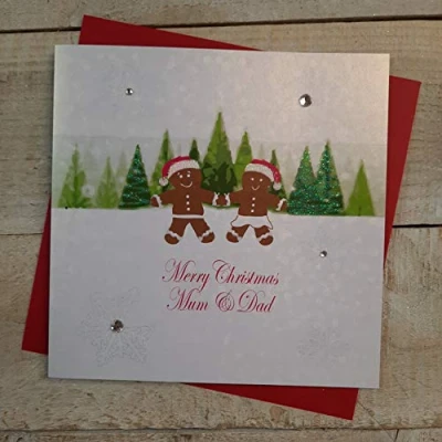Image of White cotton cards X19 Merry Christmas Mum and Dad Handmade Card,