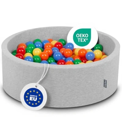 Image of KiddyMoon 90X30cm/200 Balls ∅ 7Cm / 2.75In Baby Foam Ball Pit Made In EU, Light Grey:Yellow/Green/Blue/Red/Orange