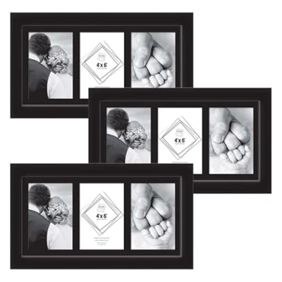 Image of Multiple 3 Aperture Picture Frame for 4 x 6 Inch Images, opening 10 15 cm Black Colour photo Made of Solid Wood with Glass Front Wall Mount, Triple frames 6x4 (Set 3)
