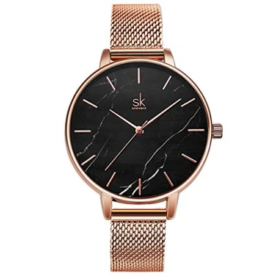 Image of Alienwork Women&#039;s Watch Rose Gold Metal Mesh Strap Black Ultra Thin Elegant