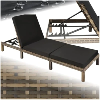 Image of TecTake® Luxury Rattan Garden Sun Lounger with 6 Adjustable Backrest Positions, Comfortable Padding and Stylish Design, Stable Steel Frame, Easy Care, for Garden, Patio, Pool natural