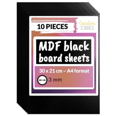 Image of Creative Deco 10 x A4 MDF Board Sheet Black 300 210 3mm Wood Wooden Blank for Drawing, Home Decor, Art and Craft, Painting, DIY Projects, Laser Cutter, CNC Cutting, Stenciling Pyrography