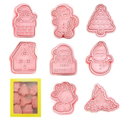 Image of YEJAHY 8 Pcs Christmas Cookie Cutters, Plastic Biscuit Shapes Cutter Stamper Mold Cutters for Cake Chocolate Baking (C)