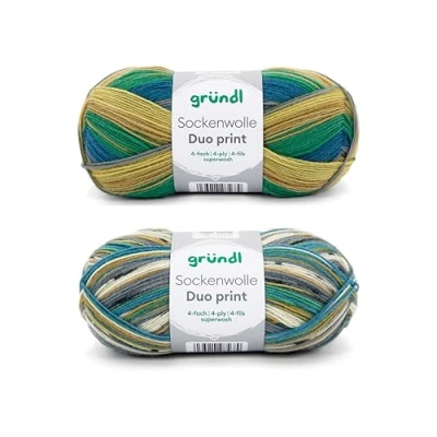 Image of Gründl Sock Wool Duo Knitting Set of 2 x 100 g Yarn (75% Virgin (Superwash), 25% Polyamide) + Instructions (English Language not Guaranteed), Olive Blue