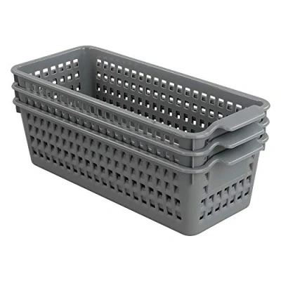 Image of Yarebest 3 pack Small Plastic Storage Basket, Slim Organizer Baskets Grey