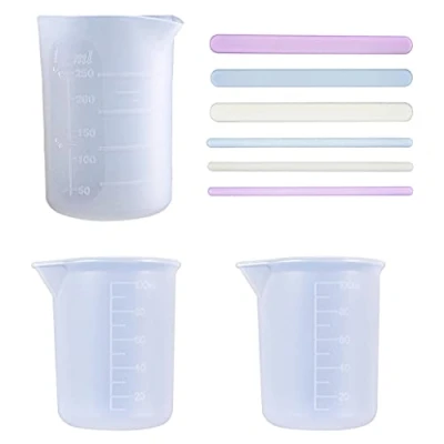 Image of iSuperb 3 Pieces Silicone Measuring Cups 250ml 100ml Cup, 6pcs Stir Sticks Non Stick High Precision Measure Mixing Cup Set for Epoxy Resin Glue Pouring (3 Cups+6 Sticks)