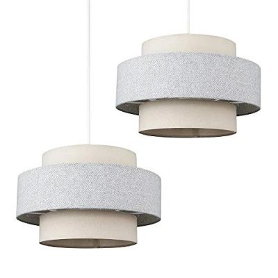 Image of Pair of Modern Cylinder Ceiling Pendant Light Shades in a Cream &amp; Grey Herringbone Finish Complete with 10w LED Bulbs [3000K Warm White]