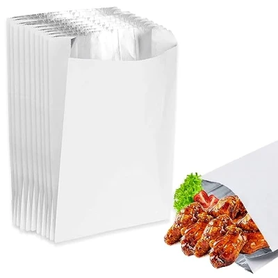 Image of BBQ Bags White Foil Lined Paper Bag Greaseproof Chicken Naan Bread Burger Ribs Hot Food Pouches (50, Medium (7&quot; x 9&quot; 12&quot;))