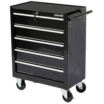 Image of Gr8 Home Metal 5 Drawer Black Roller Tool Storage Cabinet Lockable Toolbox Chest with Wheels Handle Portable Garage Trolley Workshop Unit Organiser